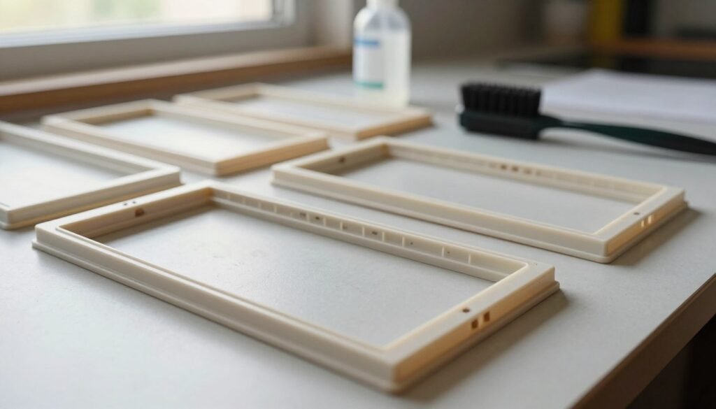 A close-up scene of various plastic foundation frames laid out on a clean, light-colored workbench. In the foreground, a detailed view of a well-used plastic frame, showing some signs of wear and dirt, emphasizing the need for cleaning. In the middle ground, additional frames are neatly organized, some partially disassembled, with tools like a small brush and cleaning solution nearby, ready for use. In the background, soft natural light filters through a window, casting gentle shadows, creating a calm and focused atmosphere. The overall mood should convey a sense of preparation and diligence, as if one is thoughtfully assessing equipment for future reuse, with a focus on cleanliness and care. A close-up scene of various plastic foundation frames laid out on a clean, light-colored workbench. In the foreground, a detailed view of a well-used plastic frame, showing some signs of wear and dirt, emphasizing the need for cleaning. In the middle ground, additional frames are neatly organized, some partially disassembled, with tools like a small brush and cleaning solution nearby, ready for use. In the background, soft natural light filters through a window, casting gentle shadows, creating a calm and focused atmosphere. The overall mood should convey a sense of preparation and diligence, as if one is thoughtfully assessing equipment for future reuse, with a focus on cleanliness and care.