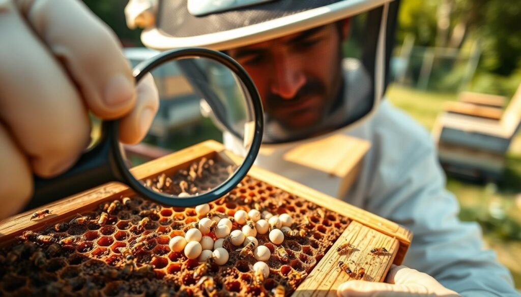 A close-up scene showcasing a beekeeper in professional attire intently examining a wooden bee frame with a magnifying glass. The foreground features the magnifier, emphasizing its glass lens that captures intricate details of bee eggs nestled within the honeycomb. The midground includes the rich textures of the frame, honeycomb cells, and a few bees busily working around. In the background, a softly blurred apiary setting with beehives and greenery creates a natural ambiance. Warm, natural lighting illuminates the scene, casting gentle shadows that enhance the focus on the magnifier and the eggs. This image conveys a sense of diligence and care in beekeeping, highlighting the importance of inspecting eggs accurately.