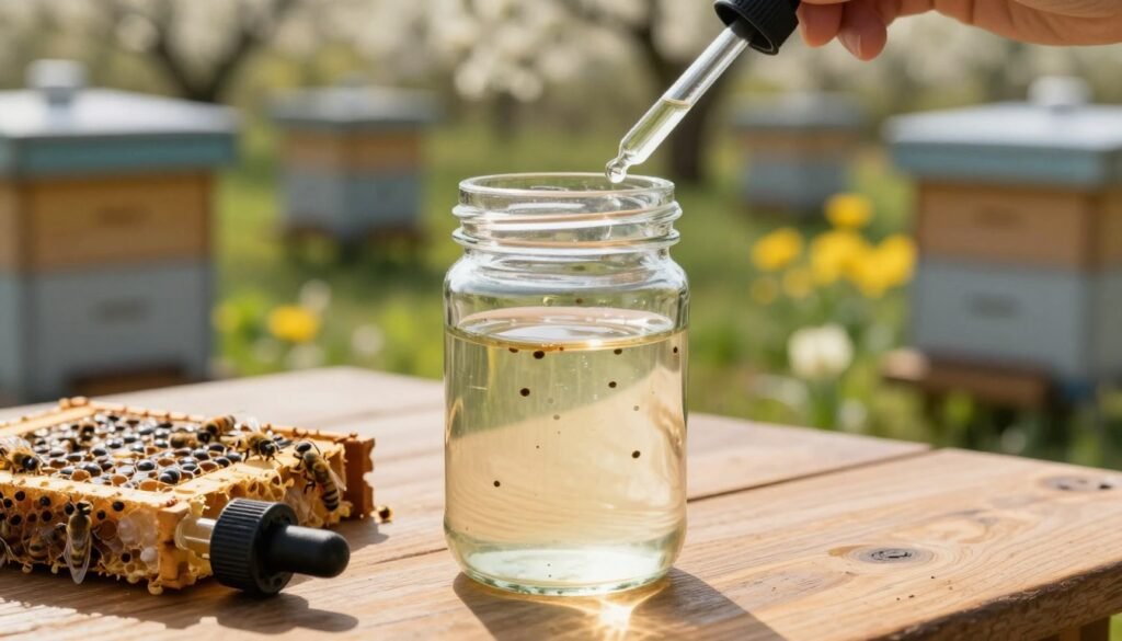 A close-up scene showcasing a clear glass jar filled with alcohol wash used for testing Varroa mites, placed on a wooden table with a bee comb beside it. The foreground features the jar, reflecting light to emphasize its contents, while a dropper lies next to it for extracting samples. In the middle, there’s a blurred background view of a sunlit apiary, with beehives and blooming flowers, suggesting an active environment for beekeeping. The overall atmosphere should feel focused and methodical, with warm natural lighting that enhances the colors of the alcohol and surrounding elements. The angle should be slightly tilted to add depth, inviting the viewer to engage with the testing methodology visually.