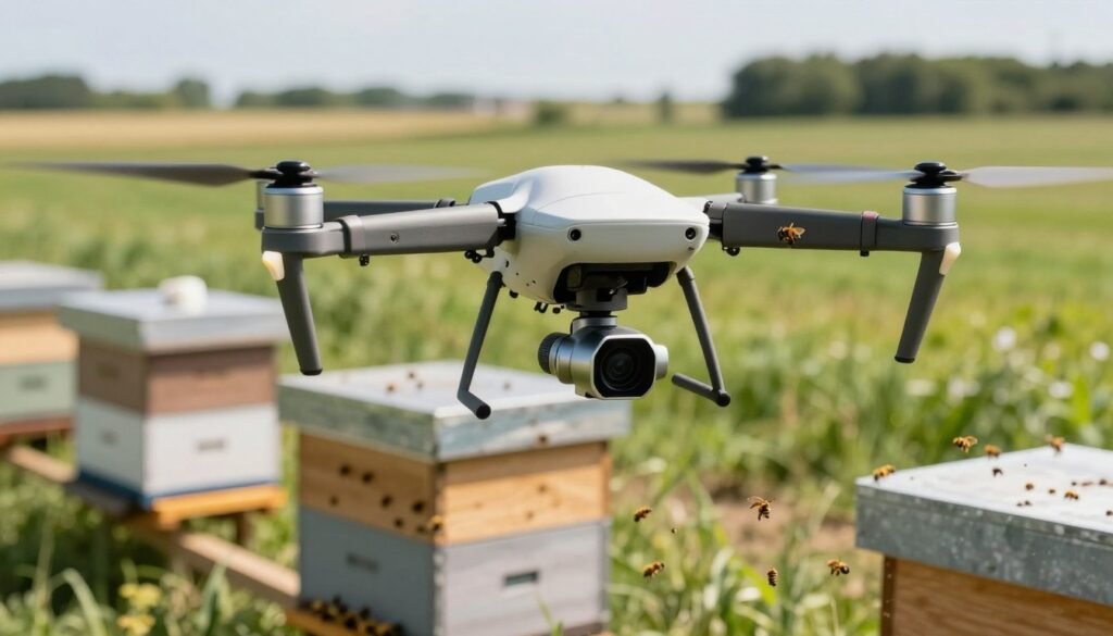 A close-up scene showcasing a drone hovering near a beehive, equipped with advanced sensors for monitoring mite levels. In the foreground, the drone is sleek and modern, with visible camera and measurement tools, capturing data from the hive. The middle ground features a well-maintained beehive, surrounded by busy bees, emphasizing the natural environment. In the background, a sunny landscape with green fields and distant trees provides a serene atmosphere. The lighting is bright and natural, casting soft shadows that enhance the details of the scene. The overall mood is one of innovation and care for nature, reflecting the importance of monitoring mite levels in beekeeping.