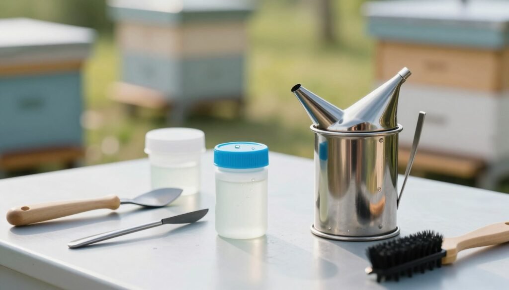 A close-up scene showcasing various beekeeping equipment for chemical disinfection, placed on a clean, sanitized workspace. In the foreground, a metal smoker with a gleaming, polished surface, surrounded by hive tools like a sharp hive tool and a bee brush, all reflecting the light. The middle layer features a small container of disinfectant solution, with droplets glistening, highlighting its use for sanitization. In the background, blurred beehives under soft, natural lighting, suggesting a sunny outdoor environment. The mood is fresh and sterile, emphasizing cleanliness and professionalism in beekeeping practices. Focus on a shallow depth of field to bring attention to the disinfection theme.