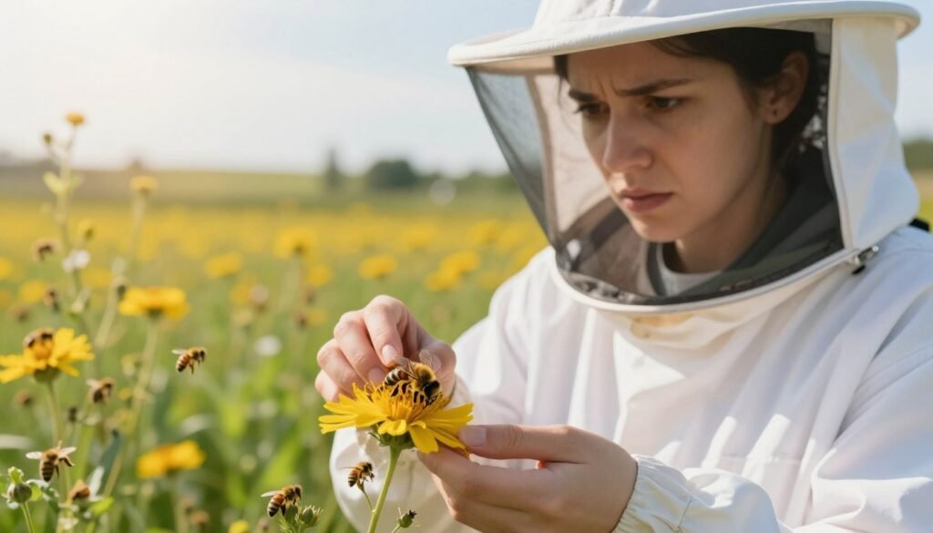 A close-up shot of a beekeeper in a professional white suit, standing beside a hive, looking concerned as she inspects bees numbly resting on a nearby flower. In the foreground, the bees exhibit signs of distress, while the background features vibrant wildflowers and a sunny sky, creating a stark contrast. The lighting is warm and natural, evoking a feeling of summer. A shallow depth of field blurs the distant landscape, drawing focus to the uneasy interaction between the bees and the hive. The mood is tense yet educational, emphasizing the serious implications of using formic acid carelessly with these important pollinators.