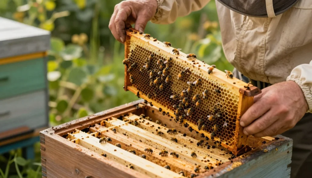 A close-up shot of a beekeeper in professional attire, carefully adjusting frames to address cross comb issues within a