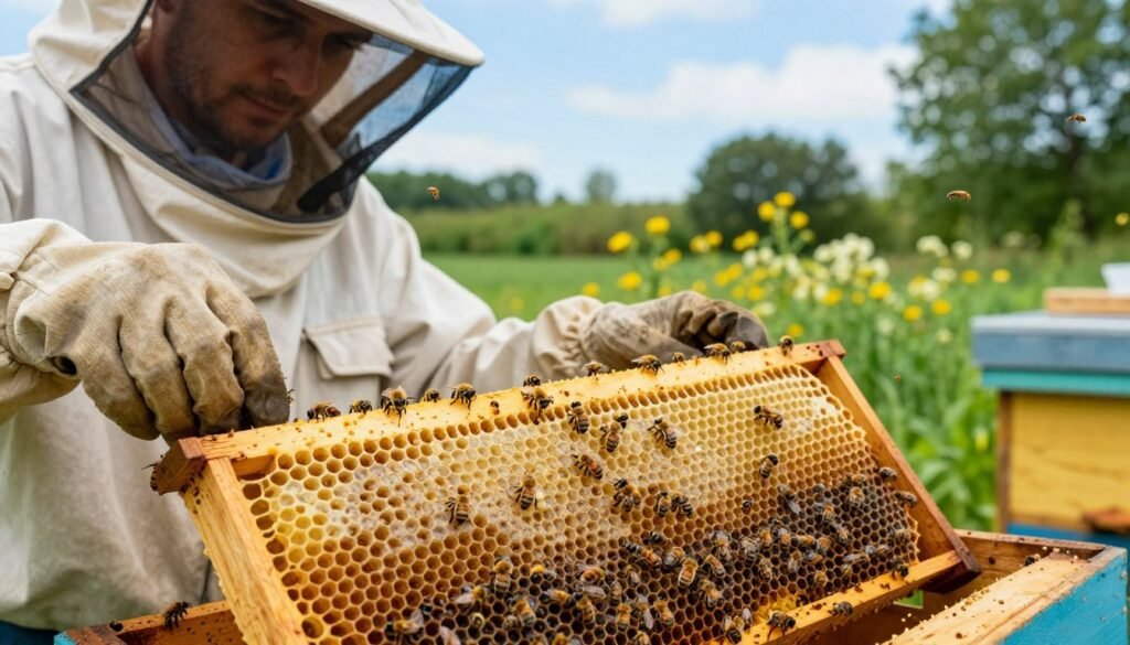 A close-up shot of a beekeeper in professional attire, gently inspecting a frame filled with capped drone brood in an apiary setting. The frame is rich in golden honeycomb cells, with some drone larvae visible just below the caps. The foreground showcases the detailed texture of the honeycomb, with bees buzzing around energetically. In the middle ground, a vibrant green landscape of the apiary is depicted, with flowering plants attracting bees. The background features a clear blue sky, adding to the tranquil and productive atmosphere. Soft, natural lighting filters through the trees, creating gentle highlights on the bees and the honeycomb. The mood is focused and serene, emphasizing the importance of drone brood management in beekeeping.