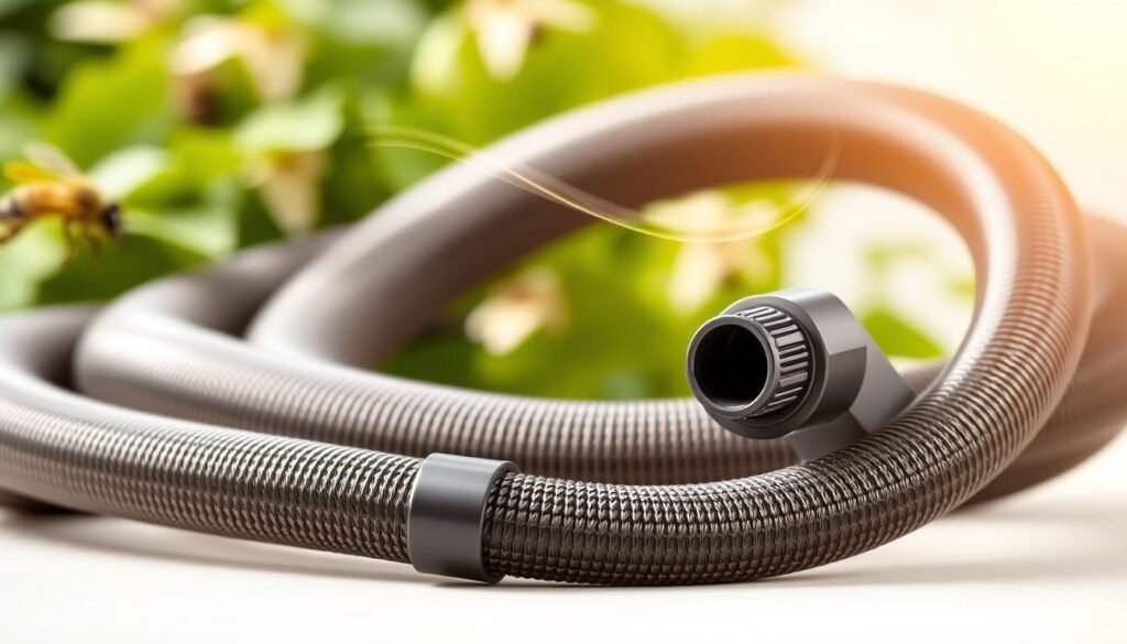 A close-up shot of a high-quality bee vacuum hose, emphasizing its texture and flexibility, set against a light, natural background. The hose should be slightly coiled, with a gentle airflow visibly flowing through it, illustrated by soft, swirling lines in mid-air. In the foreground, a small attachment nozzle is prominently featured, showcasing its design for safely capturing bees. The middle area reveals soft, diffused natural lighting that gives a warm and inviting atmosphere, ideal for illustrating the importance of humane bee removal. The background features blurred green foliage, symbolizing a bee-friendly environment. The overall mood is serene and professional, highlighting the essential features for safe and efficient bee capture without any text or additional elements.
