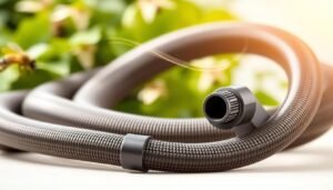 A close-up shot of a high-quality bee vacuum hose, emphasizing its texture and flexibility, set against a light, natural