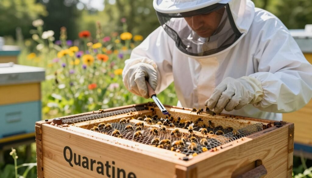 A close-up shot of a honey bee quarantine setup in an apiary, situated in a sunlit outdoor environment. In the foreground, a wooden crate labeled "Quarantine" holds a few buzzing honey bees, surrounded by protective mesh to ensure containment. In the middle ground, a beekeeper in a white protective suit and veil closely monitors the bees while using a hive tool, showcasing diligence in disease prevention. The background reveals a lush garden of colorful wildflowers, enhancing the natural setting. Soft, diffused sunlight filters through the trees, creating a warm and serene atmosphere, highlighting the importance of safeguarding these pollinators. The image captures a sense of responsibility and care in maintaining bee health.
