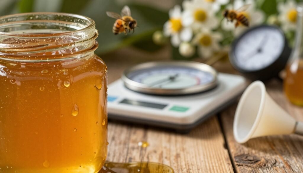 A close-up shot of a honey jar with a focus on the glistening surface, emphasizing the moisture content. In the foreground, droplets of honey trickle down the sides, showcasing a rich, golden color that contrasts against a rustic wooden table. The middle ground features a scientific scale measuring moisture content, surrounded by measuring tools like a hygrometer and a funnel. In the background, there are blurred images of natural elements like bees and floral blooms, symbolizing the origins of honey. The lighting should be warm and inviting, highlighting the honey's texture while creating a soft, ambient glow. Capture this scene at a slight angle to add depth, evoking a mood of exploration and understanding in the realm of food science. A close-up shot of a honey jar with a focus on the glistening surface, emphasizing the moisture content. In the foreground, droplets of honey trickle down the sides, showcasing a rich, golden color that contrasts against a rustic wooden table. The middle ground features a scientific scale measuring moisture content, surrounded by measuring tools like a hygrometer and a funnel. In the background, there are blurred images of natural elements like bees and floral blooms, symbolizing the origins of honey. The lighting should be warm and inviting, highlighting the honey's texture while creating a soft, ambient glow. Capture this scene at a slight angle to add depth, evoking a mood of exploration and understanding in the realm of food science.