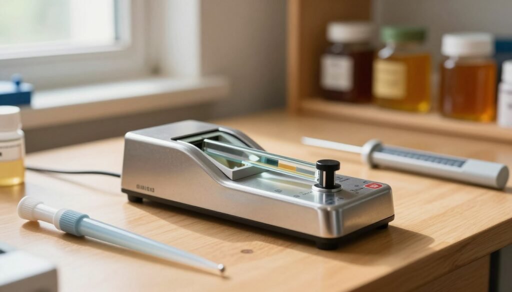 A close-up shot of a honey refractometer on a clean, wooden workbench, surrounded by calibration tools like a pipette and a calibration solution. The refractometer, featuring a shiny metal body and precise glass prism, is illuminated by soft, natural light coming from a nearby window, creating a warm and inviting atmosphere. In the background, blurred out, are shelves filled with jars of honey and scientific instruments, emphasizing a laboratory-like setting. The focus is sharp on the refractometer, showcasing its details such as the scale and measurement indicators. The overall mood conveys professionalism and attention to detail, suitable for illustrating essential calibration and maintenance procedures. No people are present in the image, ensuring a clear focus on the equipment. A close-up shot of a honey refractometer on a clean, wooden workbench, surrounded by calibration tools like a pipette and a calibration solution. The refractometer, featuring a shiny metal body and precise glass prism, is illuminated by soft, natural light coming from a nearby window, creating a warm and inviting atmosphere. In the background, blurred out, are shelves filled with jars of honey and scientific instruments, emphasizing a laboratory-like setting. The focus is sharp on the refractometer, showcasing its details such as the scale and measurement indicators. The overall mood conveys professionalism and attention to detail, suitable for illustrating essential calibration and maintenance procedures. No people are present in the image, ensuring a clear focus on the equipment.