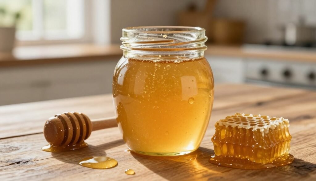 A close-up shot of a jar of raw honey placed on a rustic wooden table, emphasizing its golden color and fluid texture, reflecting purity. The honey is surrounded by scattered honeycomb pieces and a small wooden dipper, creating a natural setting. The foreground features glistening droplets of honey, illustrating its viscous quality, while the middle ground highlights the jar, showcasing its clarity and rich color. The background is softly blurred, revealing a sunny kitchen with warm, inviting lighting filtering through a nearby window, casting gentle shadows. The overall mood is wholesome and artisanal, evoking feelings of trust and authenticity associated with pure honey.