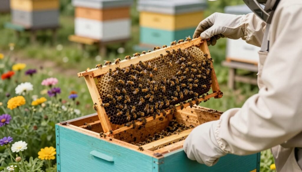 A close-up shot of a vibrant bee nuc box situated in an outdoor garden, surrounded by blooming flowers and greenery. In the foreground, a beekeeper in professional attire gently inspects the nuc box, carefully examining the frames filled with bees. The middle layer showcases the intricate detail of the frames, highlighting worker bees and their activity, emphasizing the need for specialized care in managing Varroa mites. Soft, natural lighting illuminates the scene, casting gentle shadows and creating a warm, inviting atmosphere. In the background, a blurred image of other hives can be seen, suggesting a healthy apiary. The composition conveys a sense of diligence and care essential for bee health management.