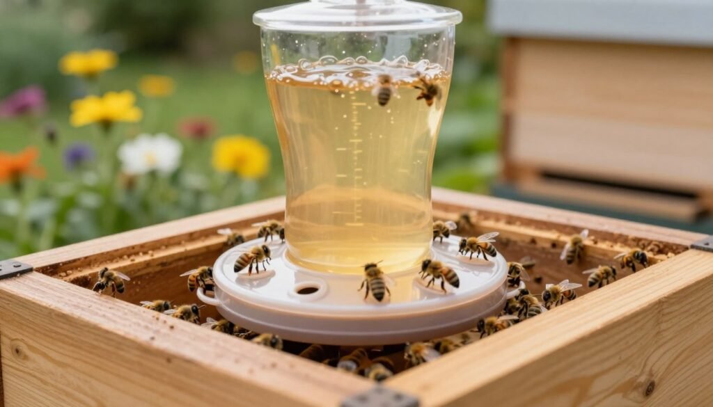 A close-up shot of a well-assembled bee feeder placed correctly on the inner cover of a beehive. In the foreground, focus on the feeder filled with sugar syrup, showcasing its clear design and small entry holes for bees. The middle layer includes a wooden hive structure, with smooth, textured surfaces and visible bee activity around. The background features a blurred garden scene with bright flowers and greenery, hinting at a vibrant ecosystem. The lighting is soft and diffused, creating a warm, inviting atmosphere, while a shallow depth of field emphasizes the feeder. The angle is slightly tilted downwards to capture the interaction between bees and the feeder, conveying a sense of harmony and careful installation.