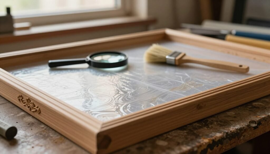 A close-up shot of a wooden frame holding plastic foundation, set on a weathered workbench. The foreground features vivid detail of the frame, showcasing intricately carved edges and the textured surface of the plastic foundation sheet reflecting light. In the middle, tools for inspection are arranged neatly, such as a magnifying glass and a soft brush, hinting at the careful procedure being undertaken. The background has a softly blurred workshop environment, with warm, diffuse sunlight filtering through a window, creating an inviting and industrious atmosphere. The overall mood is calm and focused, emphasizing the meticulous nature of the drying and inspection process. The angle captures both the frame and the tools, drawing the viewer into the action of proper maintenance. No text or markings are included. A close-up shot of a wooden frame holding plastic foundation, set on a weathered workbench. The foreground features vivid detail of the frame, showcasing intricately carved edges and the textured surface of the plastic foundation sheet reflecting light. In the middle, tools for inspection are arranged neatly, such as a magnifying glass and a soft brush, hinting at the careful procedure being undertaken. The background has a softly blurred workshop environment, with warm, diffuse sunlight filtering through a window, creating an inviting and industrious atmosphere. The overall mood is calm and focused, emphasizing the meticulous nature of the drying and inspection process. The angle captures both the frame and the tools, drawing the viewer into the action of proper maintenance. No text or markings are included.