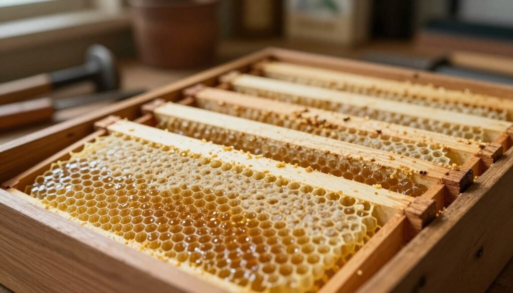 A close-up shot of healthy, well-stored honeycomb frames protected from wax moth damage, beautifully arranged in a wooden storage box. The foreground features vibrant golden honeycomb, with delicate hexagonal cells glistening under soft, natural light. In the middle, slightly blurred, are several wooden frames leaning against each other, showcasing their pristine condition. The background reveals a rustic workshop setting, with hints of tools and bee-friendly supplies, bathed in warm, dim lighting that creates an inviting and protective atmosphere. The image captures a sense of care and attention, emphasizing the importance of proper storage techniques, while maintaining a serene and focused mood.