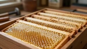 A close-up shot of healthy, well-stored honeycomb frames protected from wax moth damage, beautifully arranged in a wooden