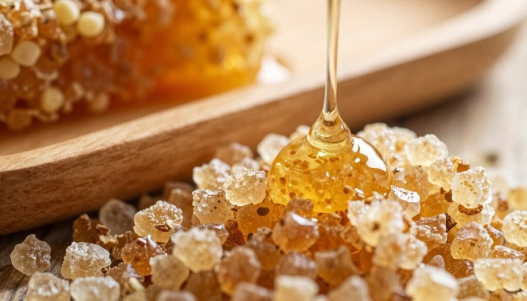 A close-up shot of raw honey glucose pollen crystals, showcasing their intricate structures and natural textures. The foreground features glistening amber crystals catching light, with sunlight streaming in to create a warm, inviting glow. In the middle background, a smooth wooden surface contrasts with the crystals, hinting at the natural origins of the honey. Soft focus on a drop of amber honey gently oozing down, emphasizing its viscous nature against the clarity of the crystalline structure. The atmosphere is serene and organic, evoking a sense of purity and simplicity, ideal for illustrating the science of sugar and water molecules in a natural setting. The image is captured with a macro lens, providing sharp details and a shallow depth of field.