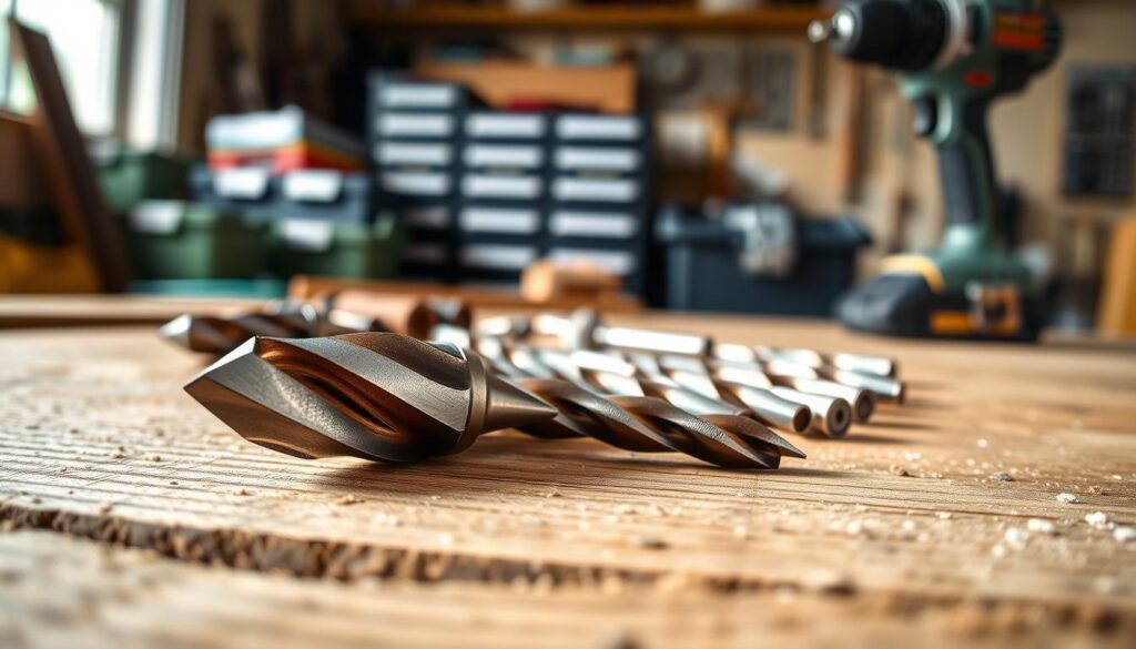 A close-up shot of various high-performance cordless drill bits laid out on a wooden workbench, emphasizing their features such as sharp tips and durable materials. In the foreground, display a focus on the most advanced drill bit with fine details in its cutting edge, while other bits blur slightly in the background, creating a sense of depth. Natural light filters through a nearby window, casting soft shadows that enhance the textures of the drill bits and the wood grain. The backdrop includes a subtle hint of a well-organized workshop, with toolboxes and a drill in soft focus, suggesting an atmosphere of professionalism and efficiency. The mood conveys a sense of precision and quality, inviting the viewer to appreciate the engineering behind the tools.