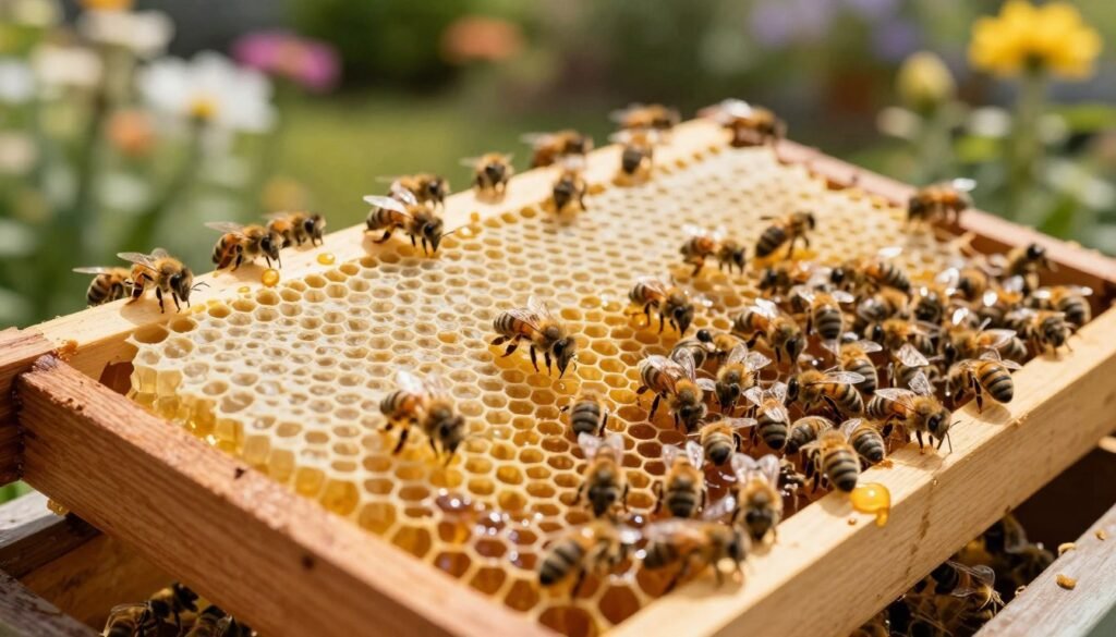 A close-up, vibrant image of a beehive frame brimming with honeycomb, showcasing the intricate hexagonal cells filled with golden honey and surrounded by busy bees working diligently. In the foreground, focus on a single wooden frame, rich in texture, with a clean, polished surface indicating high equipment hygiene. The mid-ground should depict the bustling activity of bees, emphasizing their role in the colony's energy. The background features a soft, blurred garden setting with flowers, bathed in warm, natural sunlight to create a serene and productive atmosphere. Use a shallow depth of field to keep the focus sharp on the frame while the bees appear in gentle motion, suggesting both energy and balance in their environment.