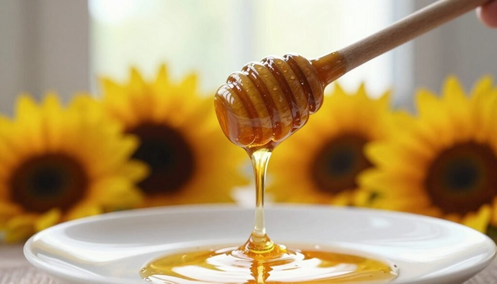A close-up view featuring a rich, warm honey color with varying shades from golden amber to deeper brown hues. In the foreground, a delicate wooden honey dipper is drizzling golden honey onto a pristine white plate, allowing the light to catch its glossy texture. The middle ground showcases a cluster of vibrant flowers, like wildflowers or sunflowers, hinting at the floral sources of honey, gently blurred to focus on the honey's color. In the background, a soft, diffused sunlight streams in through a window, creating a cozy and inviting atmosphere. The overall mood is serene and natural, with an emphasis on the connection between color and taste. The image is captured at a slight angle to enhance depth, using a shallow depth of field to emphasize the richness of the honey.
