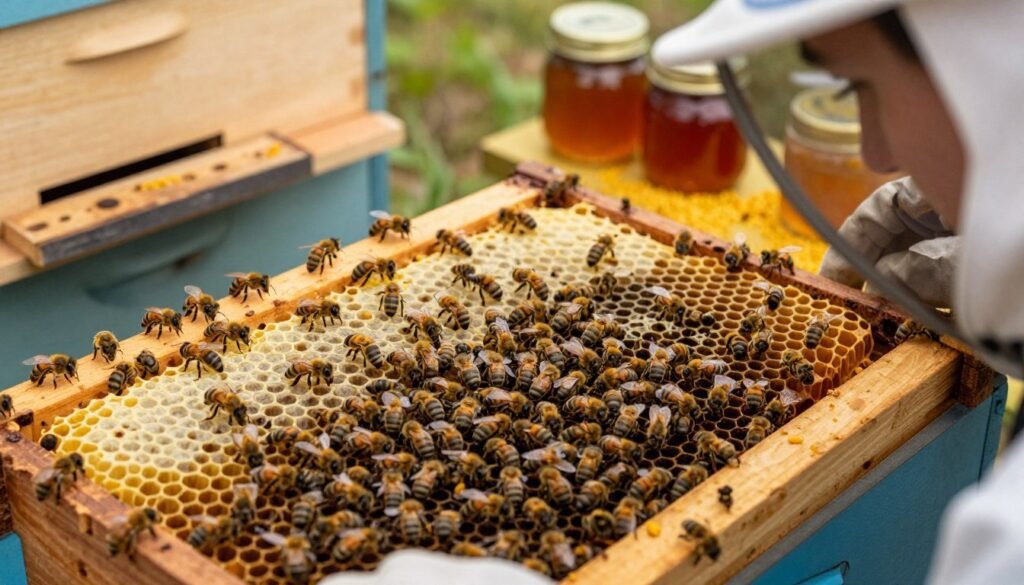 A close-up view inside a beehive, highlighting the intricate layers of honeycomb filled with worker bees and capped brood. In the foreground, a concerned beekeeper in professional attire inspects the frames, carefully looking for the queen. The middle ground features the active bees, showcasing different behaviors such as nursing larvae and gathering nectar. In the background, the hive elements—a wooden box with visible entrance, and scattered pollen and nectar jars—set a warm, inviting scene. Soft, natural lighting filters through the hive entrance, creating a calm and focused atmosphere. The colors are rich and vibrant, reflecting the vitality of the bee colony while subtly hinting at potential queen issues with the presence of empty cells.
