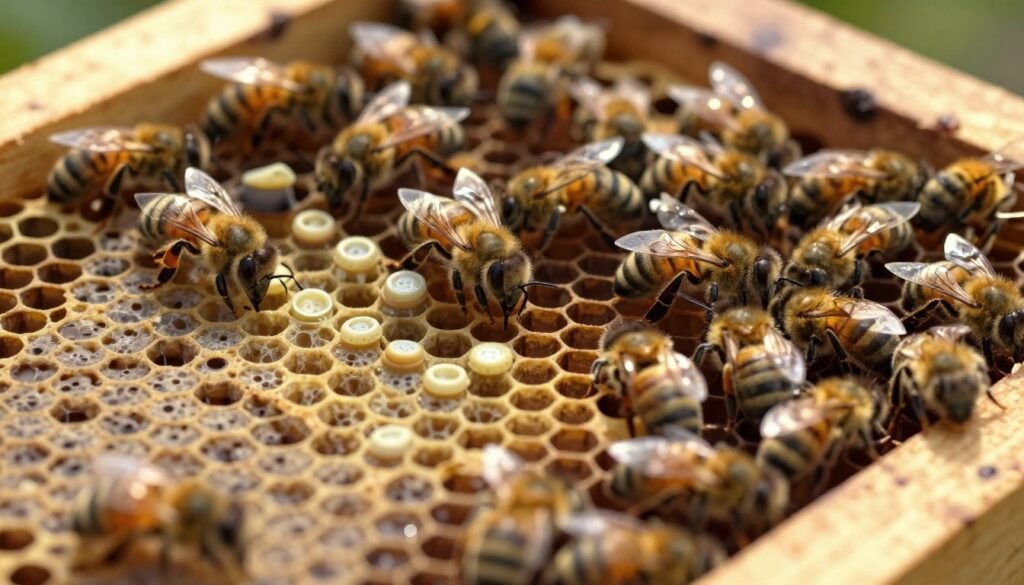 A close-up view inside a beehive showing the signs of supersedure, with a focus on various stages of queen cells nestled among worker bees. In the foreground, detailed illustrations of queen cells in different sizes, some capped and others open, highlight the impending change in royalty. The middle area features busy worker bees, displaying a mix of behaviors such as nursing and capping cells, emphasizing a sense of urgency. In the background, a glimpse of the hive structure with dark honeycomb and wooden frames creates a warm, natural atmosphere. Soft, diffused lighting mimics sunlight filtering through the hive, casting gentle shadows, enhancing the biological details while providing an informative mood to visually educate about recognizing supersedure.