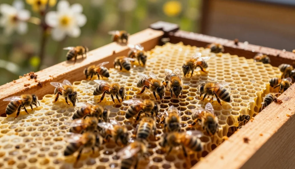 A close-up view of a Beehive, showcasing the intricate structure of honeycomb, with bees actively managing cross comb issues. In the foreground, bees are seen working on imperfectly drawn comb, illustrating their struggle against cross comb formation. The middle ground features a wooden hive frame with partially drawn foundation, with bees arranging and correcting the comb. The background shows a sunny outdoor setting with blooming flowers, casting warm, golden light that creates a lively atmosphere. Capture the scene using a macro lens to highlight details, with soft focus on the background to emphasize the bees' diligent work. The mood is one of urgency and focus, portraying the bees' determination amidst the challenges of beekeeping. A close-up view of a Beehive, showcasing the intricate structure of honeycomb, with bees actively managing cross comb issues