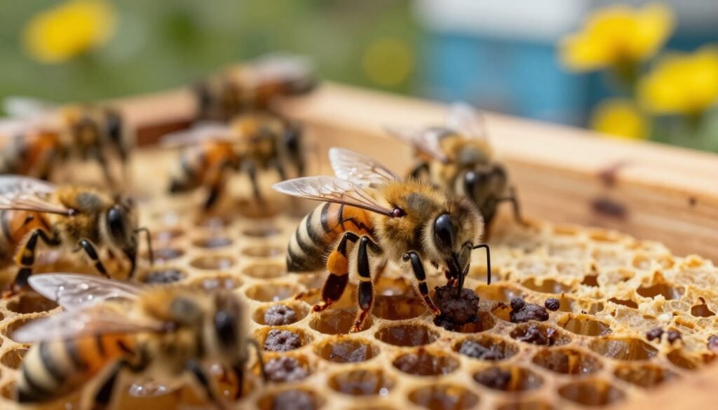 A close-up view of a European foulbrood-infected honey bee, showcasing the bee's distinct features such as its fuzzy body and the characteristic darkened appearance due to infection. In the foreground, focus on the bee perched on a honeycomb cell filled with partially capped brood, illustrating the disease's impact. The middle ground reveals other healthy bees attending to their hive duties, contrasting with the infected bee, emphasizing the importance of hive health. The background features a blurred beehive and vibrant flowers, suggesting a healthy environment. The lighting is natural, with soft sunlight casting delicate shadows, creating a serene atmosphere yet alerting the viewer to the issue of bee health. The angle is slightly tilted to add depth, emphasizing the focus on disease prevention strategies.