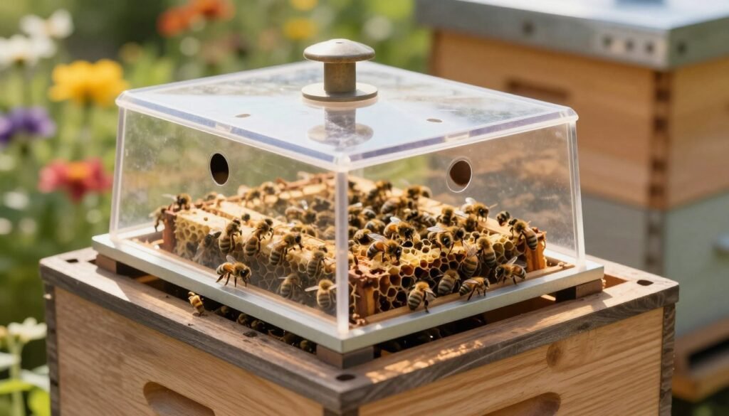 A close-up view of a Nicot introduction cage placed on a wooden beehive, showcasing a queen bee inside, surrounded by eager worker bees. The foreground features the intricate details of the Nicot cage—its transparent design, small entrance holes, and elegant, functional form. In the middle, the beehive is slightly blurred, adding depth while still revealing its classic wooden texture and natural color. The background consists of a sunny garden scene with vibrant flowers, reflecting a warm, inviting atmosphere. Soft, diffused lighting enhances the scene, casting gentle shadows that emphasize the cage and bees. The angle is slightly elevated, providing a clear view that captures the delicate interaction between the queen and her hive. The mood is serene and productive, embodying the essence of successful bee management.