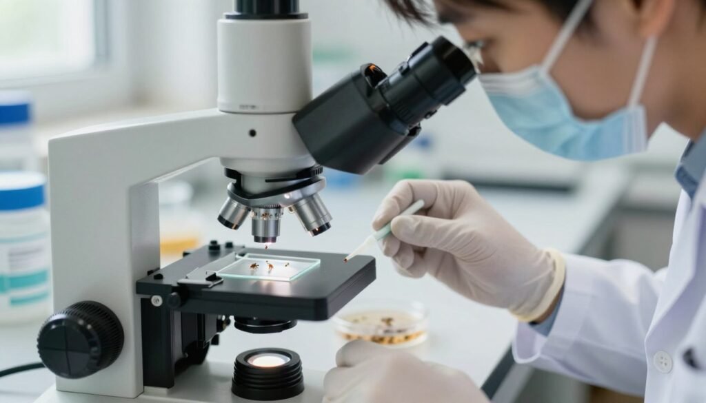 A close-up view of a Varroa mite count analysis, featuring a professional wearing a lab coat and gloves, intensely focused on a microscope. The foreground highlights the detailed instrument and mite samples under observation, showcasing tiny, distinct Varroa mites on a glass slide. In the middle ground, a neatly arranged lab workspace includes petri dishes and pipettes, emphasizing a clean and controlled environment. The background is softly blurred, hinting at shelves with beekeeping manuals and hive tools. The lighting is bright and natural, filtering through a window to create a focused, analytical atmosphere. This image conveys diligence and precision in verifying treatment success for bees.