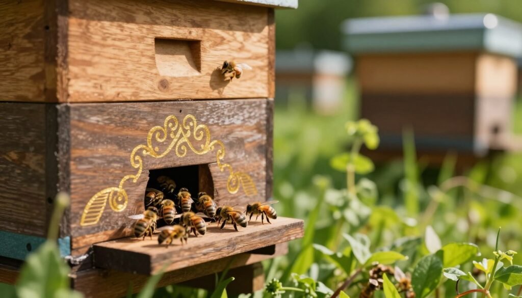 A close-up view of a beautifully constructed hive entrance featuring intricate golden patterns symbolizing the golden rule for beekeeping. The foreground showcases the hive entrance in detail, adorned with bees diligently working, emphasizing their role in a healthy environment. In the middle, lush green foliage is visible, creating a vibrant contrast against the rich wooden tones of the hive, evoking a sense of harmony with nature. The background reveals a blurred apiary with additional hives, ensuring it remains focused on the main subject. Soft, warm sunlight filters through the leaves, casting gentle shadows and highlighting the bees' activity, creating an atmosphere of tranquility and diligence. The perspective is slightly angled upwards to give depth, resembling a peaceful afternoon in nature.