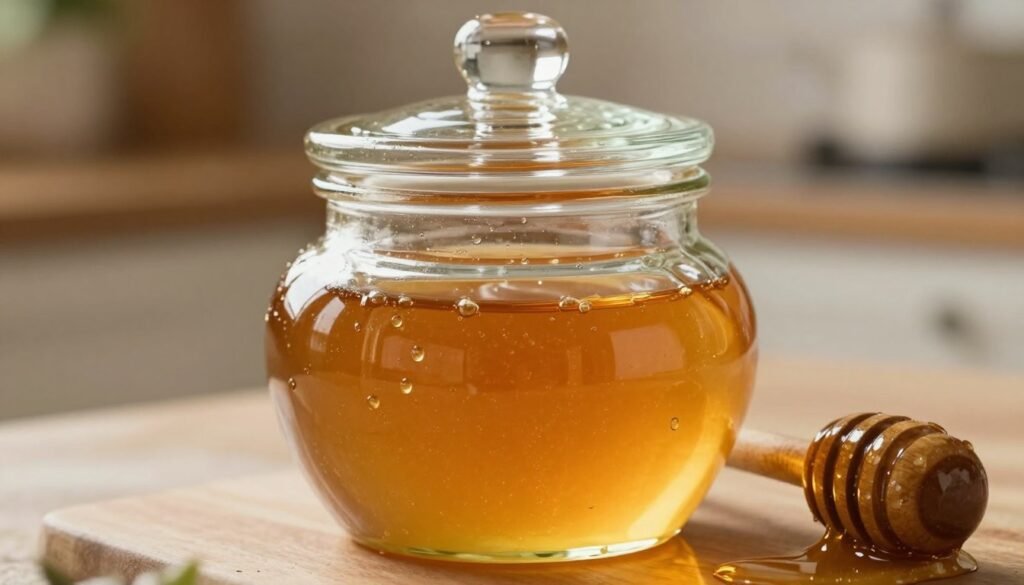 A close-up view of a beautifully crafted glass honey container, filled with golden, viscous honey that catches the light. The container features elegant curves and a tight-fitting lid, with a wooden dipper resting alongside it, glistening with honey. In the background, a soft-focus kitchen setting is visible, with warm, ambient lighting that casts gentle reflections on the glass surface, enhancing its clarity. The mood is warm and inviting, conveying a sense of home and natural goodness. The angle is slightly tilted, showcasing the honey’s rich texture while emphasizing the elegance of the glass design, evoking a feeling of comfort and quality. The image should be free of text or logos, highlighting the beauty of the container itself.