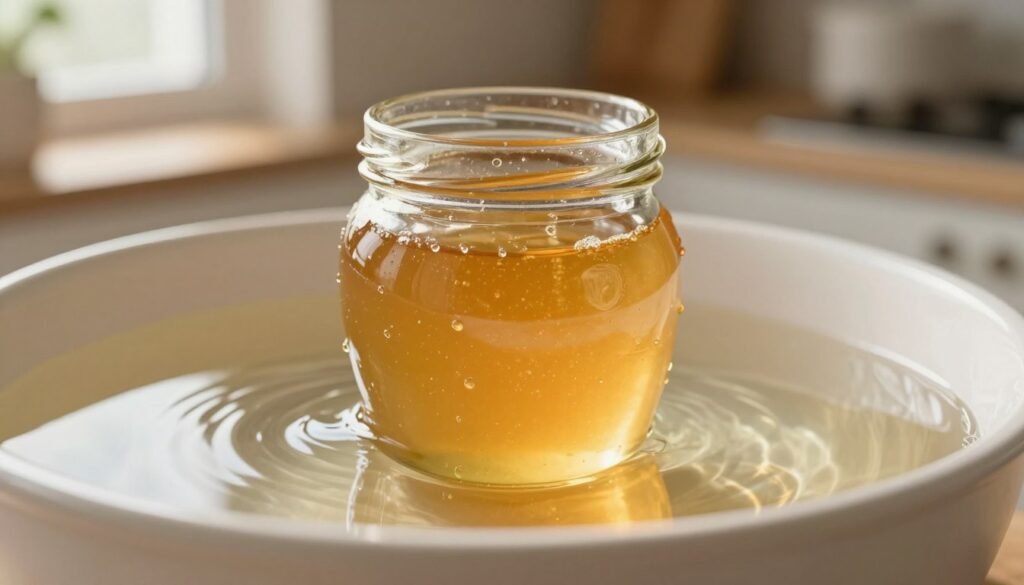 A close-up view of a beautifully crafted glass jar filled with golden honey, gently submerged in a warm water bath. The warm water is clear, showing delicate ripples around the jar, enhancing the visual appeal. The background features a softly blurred kitchen environment with natural light streaming in from a nearby window, casting warm highlights on the jar. Warm neutral tones dominate the scene, creating a cozy and inviting atmosphere. The honey within the jar shimmer and drip slightly, suggesting it is in the process of decrystallizing. The camera angle is slightly tilted downwards, focusing on the honey and jar while hinting at the surrounding warmth and function of the water bath.