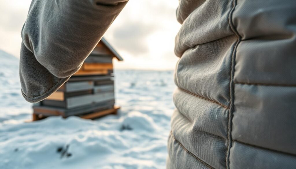 A close-up view of a beautifully crafted hive cover designed for cold climates, featuring intricate textures and eco-friendly materials that emphasize sustainability. The foreground showcases the detailed stitching and insulation layers of the cover, emphasizing its durability and warmth. In the middle ground, the hive is partially visible, nestled in a snowy landscape, which reflects the cold, crisp atmosphere surrounding it. The background is a serene winter scene with soft, diffused sunlight peeking through gray clouds, creating a gentle glow on the snow-covered ground. The overall mood is peaceful and inviting, showcasing the reusability aspect of the winter gear while highlighting its protective features against the cold.