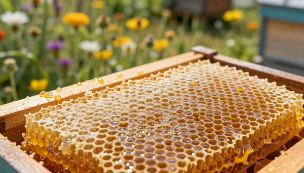 A close-up view of a beautifully crafted piece of comb honey, glistening with golden hues under soft, warm lighting. In the foreground, the hexagonal wax cells are filled with rich, amber liquid honey, showcasing the intricate texture and natural patterns of the bees’ work. In the middle ground, wooden frames support the honeycomb, hinting at a beekeeper's careful extraction methods and hive management practices. The background features a blurred, sun-drenched garden filled with blooming wildflowers, suggesting the vibrant flora that contributes to the honey's unique flavor. The overall atmosphere is warm and inviting, evoking a sense of nature's bounty. The perspective is slightly angled, creating depth and enhancing the visual appeal of this delightful natural product. A close-up view of a beautifully crafted piece of comb honey, glistening with golden hues under soft, warm lighting. In the foreground, the hexagonal wax cells are filled with rich, amber liquid honey, showcasing the intricate texture and natural patterns of the bees’ work. In the middle ground, wooden frames support the honeycomb, hinting at a beekeeper's careful extraction methods and hive management practices. The background features a blurred, sun-drenched garden filled with blooming wildflowers, suggesting the vibrant flora that contributes to the honey's unique flavor. The overall atmosphere is warm and inviting, evoking a sense of nature's bounty. The perspective is slightly angled, creating depth and enhancing the visual appeal of this delightful natural product.