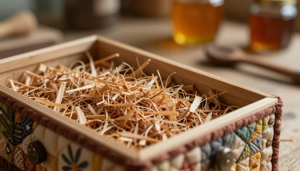 A close-up view of a beautifully crafted quilt box filled with aromatic pine shavings, showcasing a rich texture and warm colors. In the foreground, the quilt box should exhibit intricate patterns and natural finishes, highlighting its handcrafted quality. The middle ground features a scattering of pine shavings, some slightly glistening under soft, natural light, evoking a warm, inviting atmosphere. In the background, hint at a cozy beekeeping workshop with honey jars and tools slightly blurred, providing context without distraction. Use a shallow depth of field to create an intimate focus on the quilt box and shavings, while maintaining soft, diffused lighting to enhance the mood of craftsmanship and warmth.