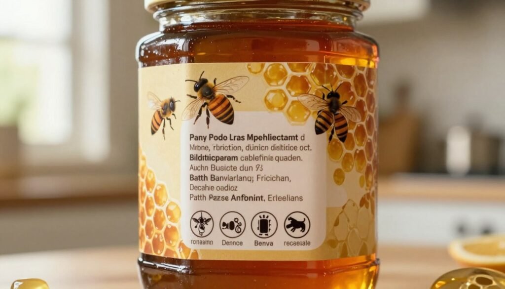 A close-up view of a beautifully designed honey jar label with a focus on compliance and consumer trust. The foreground features a glossy, high-quality label design showcasing illustrations of bees, honeycomb patterns, and appealing colors such as rich gold and deep amber. In the middle, the label incorporates essential compliance information, like batch coding and traceability icons, in a clear, readable font. The background is softly blurred to highlight the honey jar while suggesting a warm, inviting kitchen setting with natural light filtering through a window, creating a cozy atmosphere. Use a shallow depth of field to emphasize the label's details, with a light source coming from the left to enhance the textures and colors.