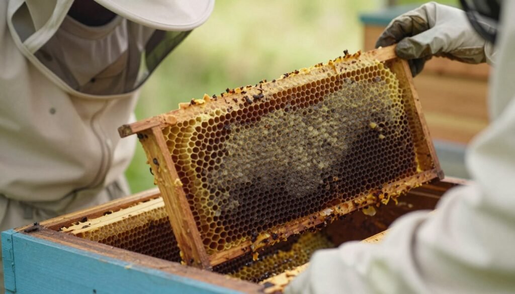 A close-up view of a beautifully detailed, dark brood comb being gently rotated in a beehive, capturing the texture and richness of the wax cells. In the foreground, show a professional beekeeper wearing a light-colored suit and protective gloves, carefully handling the comb with precision. The middle ground features the interior of a wooden beehive, showcasing multiple frames and honeycomb structures. In the background, a soft, natural light filters through the hive's opening, illuminating the scene and creating a warm, inviting atmosphere. The focus is sharp on the brood comb, while the beekeeper's actions convey a sense of care and attentiveness to hive health. The overall mood is serene and informative, emphasizing the importance of hive management.