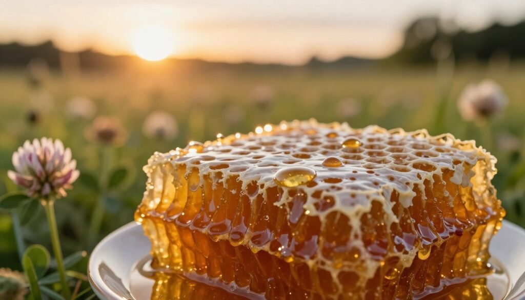 A close-up view of a beautifully jarred honeycomb, reflecting rich honey color tones ranging from deep amber to golden yellow, radiating warmth. The foreground features detailed honey droplets clinging to the honeycomb's cells, glistening in soft, natural light. The middle ground includes delicate flowers, like clover and wildflowers, subtly blurred, highlighting their contribution to the honey's unique pigmentation. In the background, a lush meadow is bathed in the gentle glow of a sunset, creating an inviting atmosphere. The lighting is warm and inviting, emphasizing the translucence and texture of the honey. The composition should evoke curiosity about the biological processes behind honey color, with a serene, harmonious mood that invites exploration into nature's artistry.