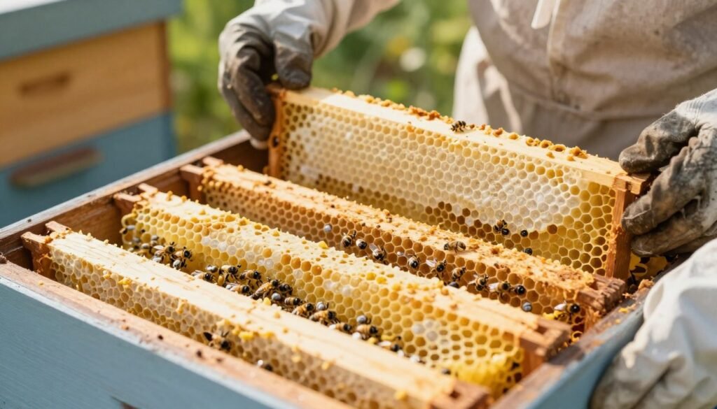 A close-up view of a beautifully organized 5-frame brood chamber within a beehive. The foreground features intricate honeycomb frames filled with vibrant yellow and white wax, displaying larvae and capped brood in clusters. The middle ground showcases a beekeeper's gloved hands carefully rearranging the frames to maintain proper order, emphasizing the importance of heat centers for the colony's health. The background is softly blurred, revealing the natural wooden hive structure and a hint of green foliage outside, illuminated by warm, natural sunlight filtering through. The mood exudes a sense of calm and diligence, highlighting the careful process involved in maintaining the hive's organization and well-being.