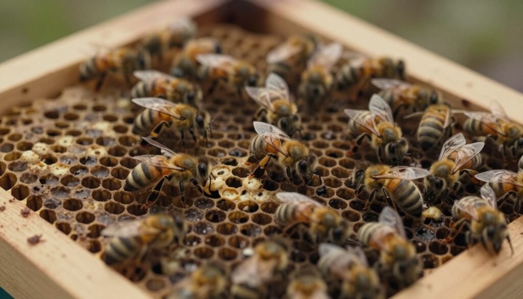 A close-up view of a bee brood frame, focusing on irregular brood patterns indicating potential diseases. In the foreground, healthy bee larvae appear in well-formed, uniform cells, contrasting with patchy cells showing signs of disease, such as empty, sunken, or discolored cells. The middle ground contains worker bees tending to the brood, their body language conveying concern and activity. The background features a well-lit beehive interior, with soft, warm lighting illuminating the scene, creating a slightly somber and serious mood. Use a macro lens perspective to capture the intricate details of the brood, with a shallow depth of field to enhance focus on the affected areas. The atmosphere should evoke a sense of urgency for monitoring bee health. A close-up view of a bee brood frame, focusing on irregular brood patterns indicating potential diseases. In the foreground, healthy bee larvae appear in well-formed, uniform cells, contrasting with patchy cells showing signs of disease, such as empty, sunken, or discolored cells. The middle ground contains worker bees tending to the brood, their body language conveying concern and activity. The background features a well-lit beehive interior, with soft, warm lighting illuminating the scene, creating a slightly somber and serious mood. Use a macro lens perspective to capture the intricate details of the brood, with a shallow depth of field to enhance focus on the affected areas. The atmosphere should evoke a sense of urgency for monitoring bee health.