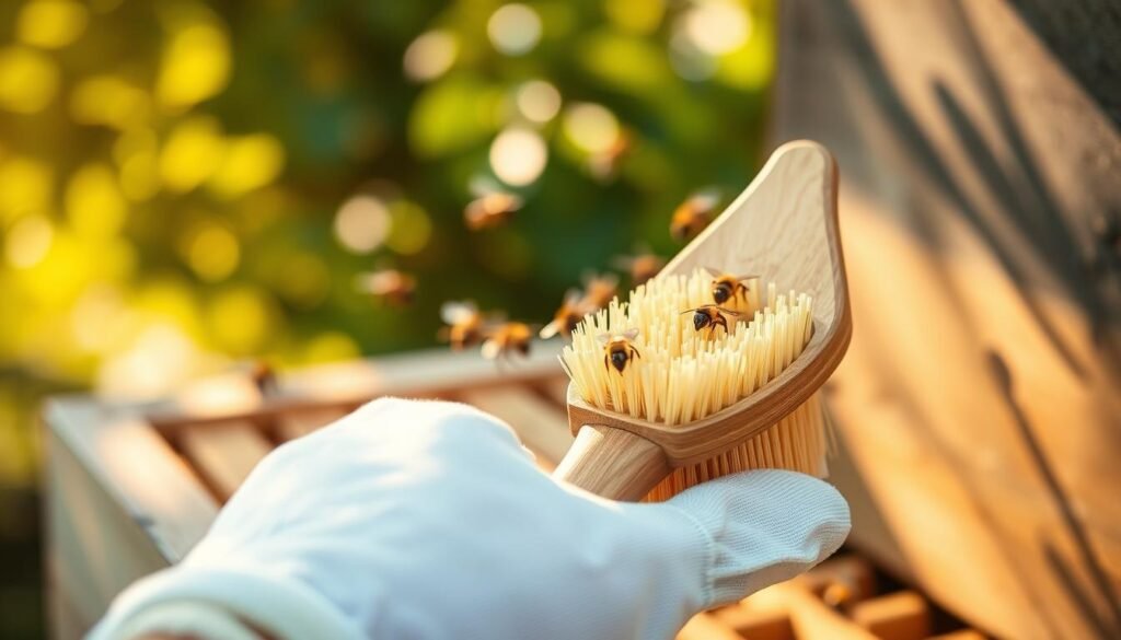 A close-up view of a bee brush, showcasing its design features that enhance efficiency during bee inspections. The bee brush is made of soft, natural bristles, with a sleek wooden handle, held by a gentle hand wearing protective gloves. The foreground prominently displays the brush, emphasizing the bristles and ergonomic design. In the middle ground, blurred bees can be seen, illustrating the brush gently directing them away from the hive opening. The background features a warm sunlight filtering through a natural setting, with hints of green foliage creating a peaceful, outdoor atmosphere. The overall mood is calm and harmonious, highlighting the gentleness needed for effective bee inspections. Aim for soft, diffused lighting to enhance the natural colors and textures of the bee brush.