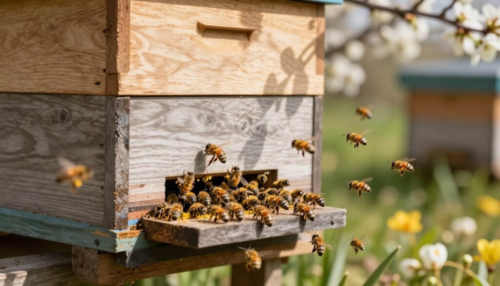 A close-up view of a bee colony at the entrance of a well-maintained wooden nuc hive in early spring. The foreground features bees energetically flying in and out of a reducer entrance, showcasing their busy activity as they gather pollen and nectar. In the middle ground, the nuc hive is painted in natural earthy tones, displaying clear signs of life with bees clustering at the entrance. Soft sunlight filters through the branches of nearby flowering trees, casting gentle shadows and creating a warm, inviting atmosphere. The background consists of a blurred garden filled with blooming flowers, representing the arrival of spring. The image should convey a sense of vitality and the pivotal moment for the beekeeper to assess the necessity of the entrance reducer. A close-up view of a bee colony at the entrance of a well-maintained wooden nuc hive in early spring. The foreground features bees energetically flying in and out of a reducer entrance, showcasing their busy activity as they gather pollen and nectar. In the middle ground, the nuc hive is painted in natural earthy tones, displaying clear signs of life with bees clustering at the entrance. Soft sunlight filters through the branches of nearby flowering trees, casting gentle shadows and creating a warm, inviting atmosphere. The background consists of a blurred garden filled with blooming flowers, representing the arrival of spring. The image should convey a sense of vitality and the pivotal moment for the beekeeper to assess the necessity of the entrance reducer.