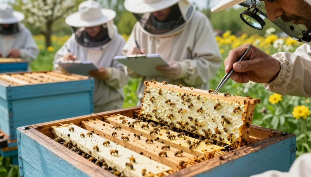 A close-up view of a bee colony being monitored for Varroa mites, showcasing sticky boards strategically placed within a wooden hive. In the foreground, several sticky boards are visibly covered with collected mites, exhibiting various sizes and colors. The middle ground features attentive beekeepers in professional attire, carefully inspecting the boards with tools like tweezers and magnifying glasses, while recording their findings on clipboards. The background shows lush greenery and blooming flowers, indicating a vibrant apiary environment. Soft, natural sunlight filters through the trees, casting gentle shadows and creating a calm, focused atmosphere that highlights the importance of mite drop monitoring. The image captures a sense of diligence and care in beekeeping practices, emphasizing the significance of proper monitoring duration.