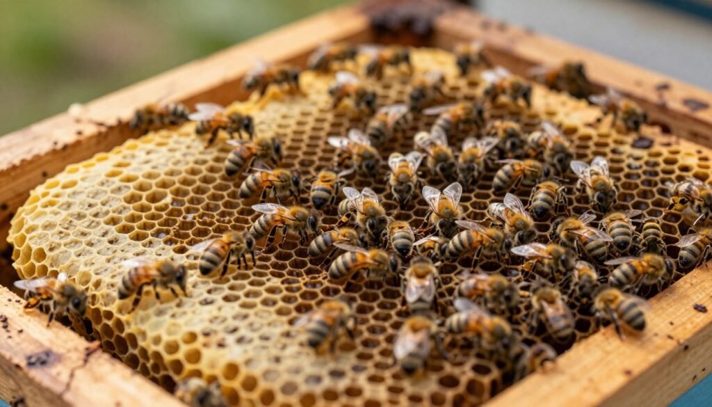 A close-up view of a bee colony displaying a patchy brood pattern within a wooden beehive frame. In the foreground, focus on honeycomb cells with uneven patterns of capped and uncapped brood, showcasing the intricate texture and colors of the beeswax. The middle ground features bees actively tending to the brood, their various stages of development clearly visible. In the background, a slightly blurred view of the hive interior enhances depth, with soft natural lighting filtering through the cracks, creating a warm, inviting atmosphere. The image should evoke a sense of curiosity and detail, with a shallow depth of field to highlight the brood while subtly obscuring the hive structure. A close-up view of a bee colony displaying a patchy brood pattern within a wooden beehive frame. In the foreground, focus on honeycomb cells with uneven patterns of capped and uncapped brood, showcasing the intricate texture and colors of the beeswax. The middle ground features bees actively tending to the brood, their various stages of development clearly visible. In the background, a slightly blurred view of the hive interior enhances depth, with soft natural lighting filtering through the cracks, creating a warm, inviting atmosphere. The image should evoke a sense of curiosity and detail, with a shallow depth of field to highlight the brood while subtly obscuring the hive structure.