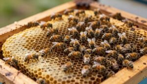 A close-up view of a bee colony displaying a patchy brood pattern within a wooden beehive frame