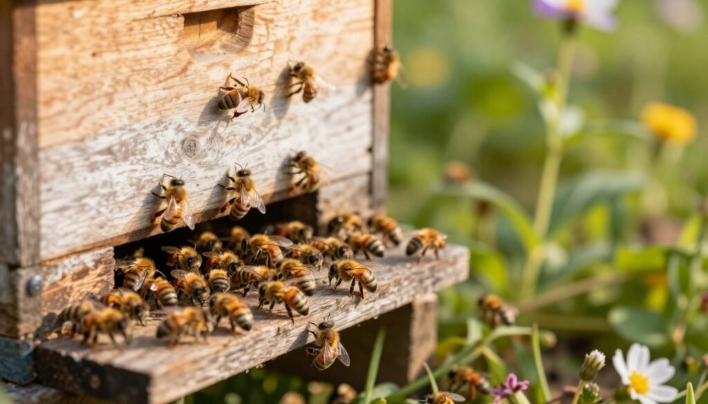 A close-up view of a bee colony entrance, showcasing bees actively moving in and out. The foreground features a wooden hive with a well-worn entrance that shows signs of wear, surrounded by a few scattered flowers. In the middle ground, a swarm of bees is visibly engaged in their tasks, while some bees appear lethargic, hinting at potential health issues. The background includes a blurred out garden scene with lush greenery under warm, soft afternoon sunlight, creating an inviting atmosphere. The camera angle is slightly tilted upwards, giving a sense of depth and focus on the entrance. The overall mood conveys a mix of vitality and concern, illustrating the complexities of evaluating bee colony health from the entrance alone.