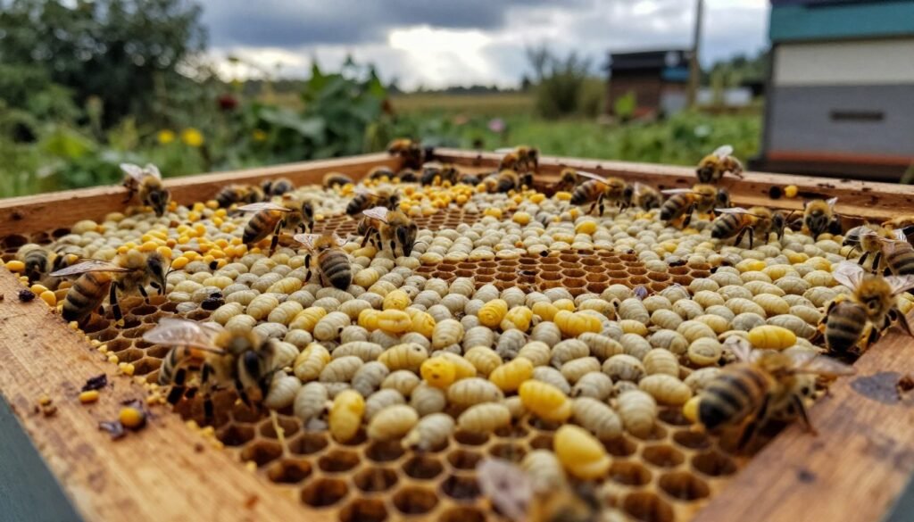 A close-up view of a bee colony in a wooden hive, showcasing patchy brood patterns across honeycomb cells filled with varying stages of bee larvae. In the foreground, focus on the intricate details of the larvae, highlighting shades of cream and golden yellow, with some cells empty to signify environmental stresses. The middle layer features bees actively working, gathering pollen and nectar, emphasizing their busyness while neglecting some cells. In the background, an outdoor garden scene is visible, where inconsistent weather conditions are portrayed, with dark clouds and a ray of sunlight breaking through, symbolizing the impact of environmental factors. The lighting is soft but dramatic, with a slight focus blur on the background to enhance urgency. The overall mood conveys a sense of concern for the health of the brood due to environmental influences. A close-up view of a bee colony in a wooden hive, showcasing patchy brood patterns across honeycomb cells filled with varying stages of bee larvae. In the foreground, focus on the intricate details of the larvae, highlighting shades of cream and golden yellow, with some cells empty to signify environmental stresses. The middle layer features bees actively working, gathering pollen and nectar, emphasizing their busyness while neglecting some cells. In the background, an outdoor garden scene is visible, where inconsistent weather conditions are portrayed, with dark clouds and a ray of sunlight breaking through, symbolizing the impact of environmental factors. The lighting is soft but dramatic, with a slight focus blur on the background to enhance urgency. The overall mood conveys a sense of concern for the health of the brood due to environmental influences.
