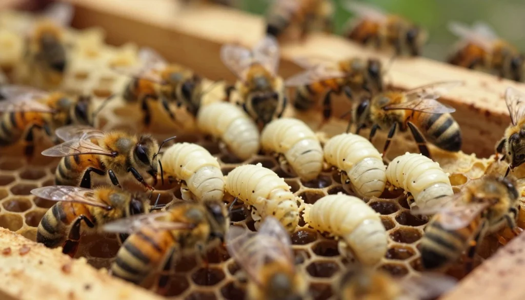 A close-up view of a bee colony inside a hive, focusing on the development of drone bees. In the foreground, several drone larvae are nestled in their hexagonal cells, showing a transition from a creamy white stage to slightly darker, more developed forms. In the middle ground, worker bees are gently tending to the larvae, showcasing collaboration and nurturing behavior. In the background, the structure of the hive is visible, with honeycomb and other bee activities happening under soft, warm lighting that creates a cozy, inviting atmosphere. The angle is slightly tilted to give depth, emphasizing the intricate details of the bees and their environment, capturing the dynamic intricacies of drone development in a thriving colony. A close-up view of a bee colony inside a hive, focusing on the development of drone bees