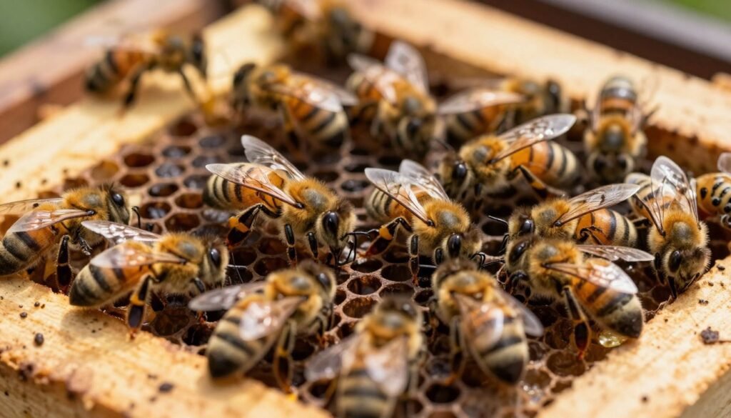 A close-up view of a bee colony interior, focusing on worker cells filled with drone brood. In the foreground, several worker bees are tending to the cells, showcasing their delicate wings and antennae. The middle layer displays the dark, waxy cells, some capped while others reveal developing drone larvae. The background consists of honeycomb structure, softly illuminated by warm, natural light filtering through the hive entrance. The atmosphere is busy and industrious, capturing the urgency of the workers. The depth of field emphasizes the intricate details of the cells and bees, with a shallow focus blurring the hive's wooden frames. The overall mood is one of life and natural activity, illustrating the unique dynamics of a queenless hive.