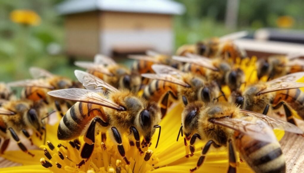 A close-up view of a bee colony, showcasing various bees in intricate detail, highlighting genetic diversity among them. In the foreground, focus on a bee with distinct color patterns and markings that signify genetic variation, perched on vibrant flower pollen. In the middle ground, depict a cluster of bees working together, illustrating different roles within the hive. The background features a softly blurred hive and lush greenery, creating a natural setting. Use warm, natural lighting that emphasizes the golden hues of the bees and flower pollen, capturing a lively, yet serene atmosphere. The image should have a shallow depth of field, allowing the viewer to feel the importance of genetic factors in their behavior and productivity. A close-up view of a bee colony, showcasing various bees in intricate detail, highlighting genetic diversity among them. In the foreground, focus on a bee with distinct color patterns and markings that signify genetic variation, perched on vibrant flower pollen. In the middle ground, depict a cluster of bees working together, illustrating different roles within the hive. The background features a softly blurred hive and lush greenery, creating a natural setting. Use warm, natural lighting that emphasizes the golden hues of the bees and flower pollen, capturing a lively, yet serene atmosphere. The image should have a shallow depth of field, allowing the viewer to feel the importance of genetic factors in their behavior and productivity.
